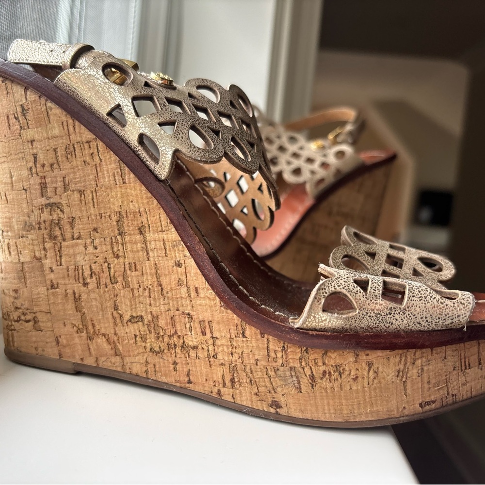 Tory Burch Lace Detail Cork Wedges - Silver + Brown - Size 7.5 - Picture 7 of 10